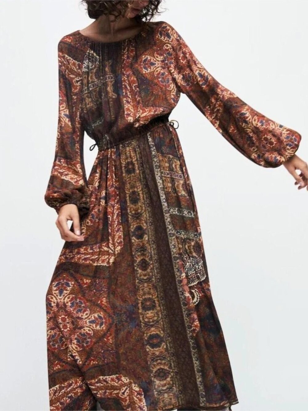 Zara Tapestry Paisley Boho Maxi Dress 70s Bohemian Balloon Sleeve S M L